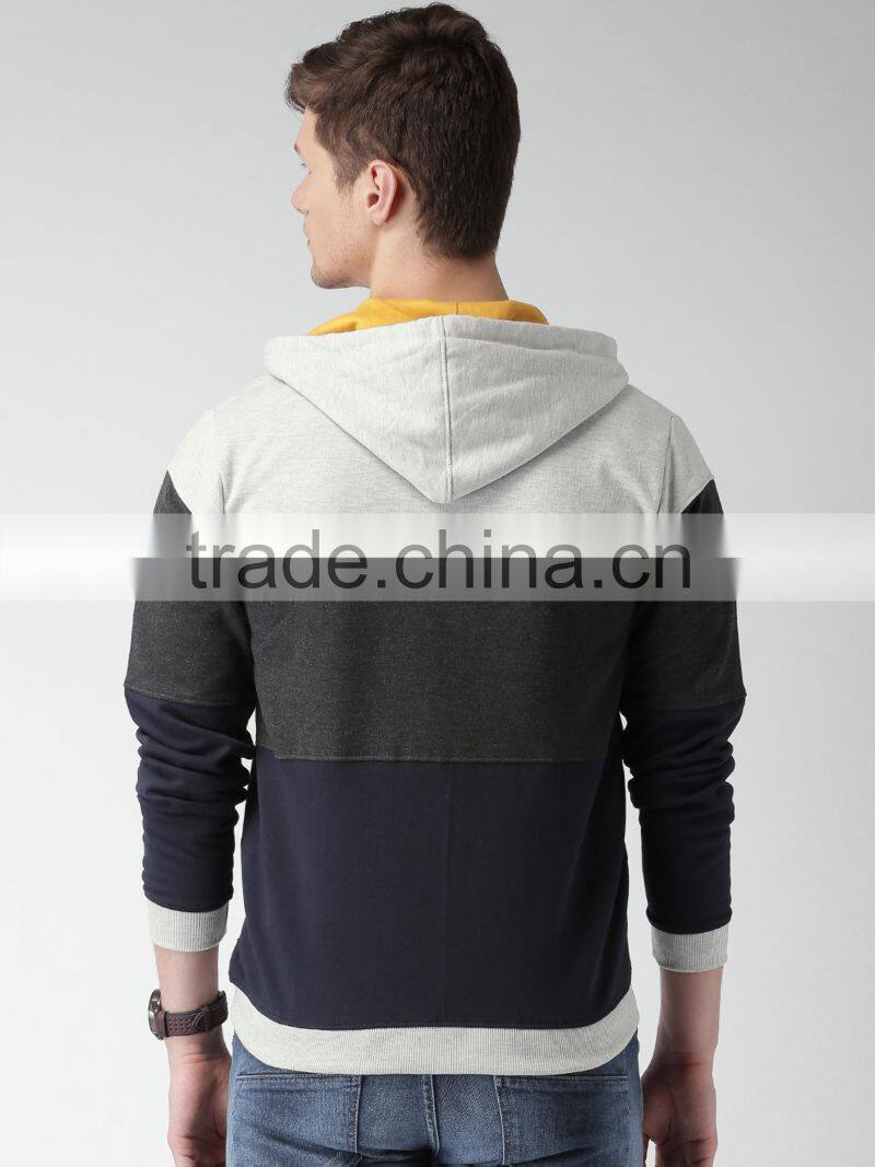 Grey Navy Colourblock Hooded Sweatshirt Customizable Attached Hood With Drawstring Fastening Hoodies Cotton Blend 280 Grams Mens