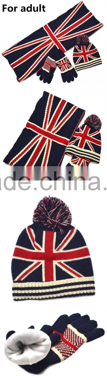 Fashion UK Flag Patten Design Knitted Scarf Hat Glove Sets Wholesale