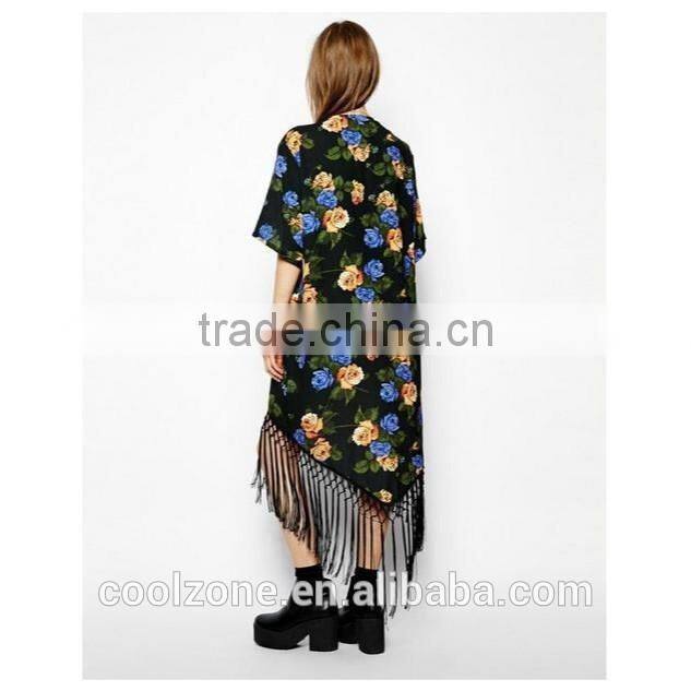 Latest floral print cover up summer beach kimono with gorgeous fringe