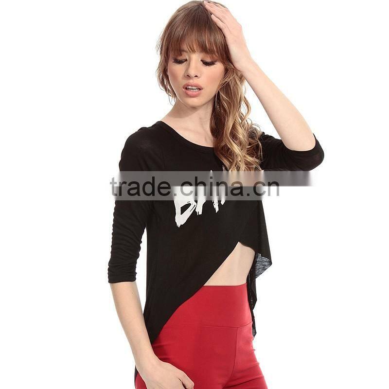Women's front cross swallow tail 3/4 sleeve crop top t-shirt clothing