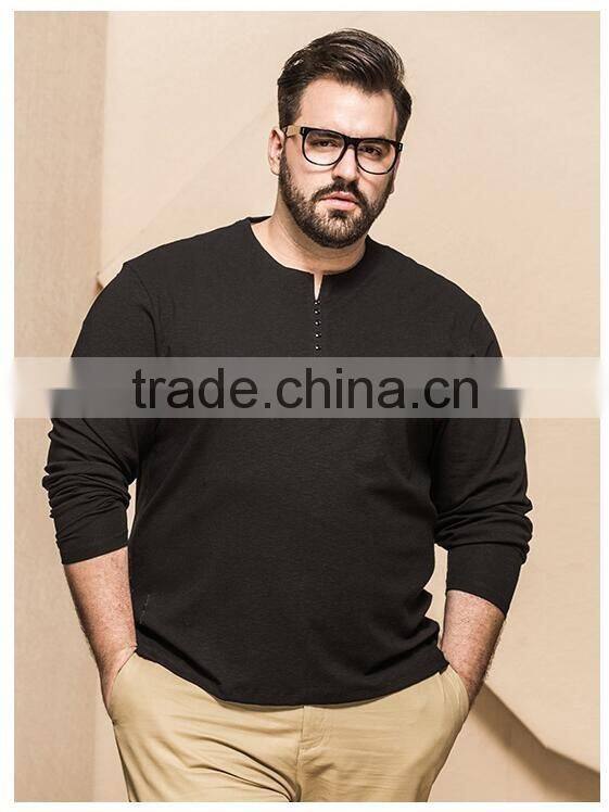 Men's spring long sleeve cotton slub plus size O-neck tee shirt with button placket