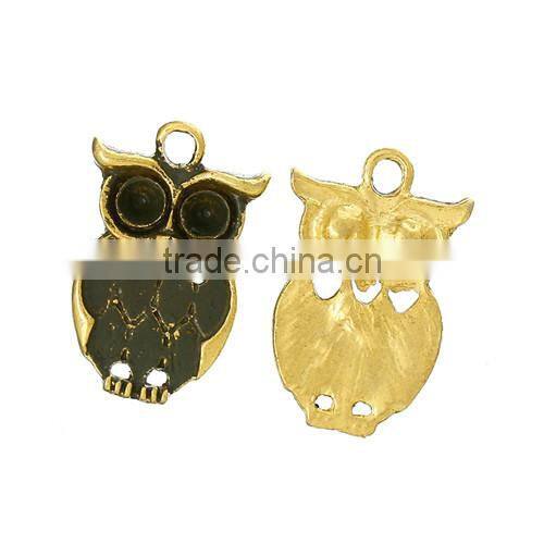 Charm Pendants Owl Halloween Ornaments Gold Plated(Can Hold ss16 Rhinestone) Army Green Spray Painted 22mmx14mm
