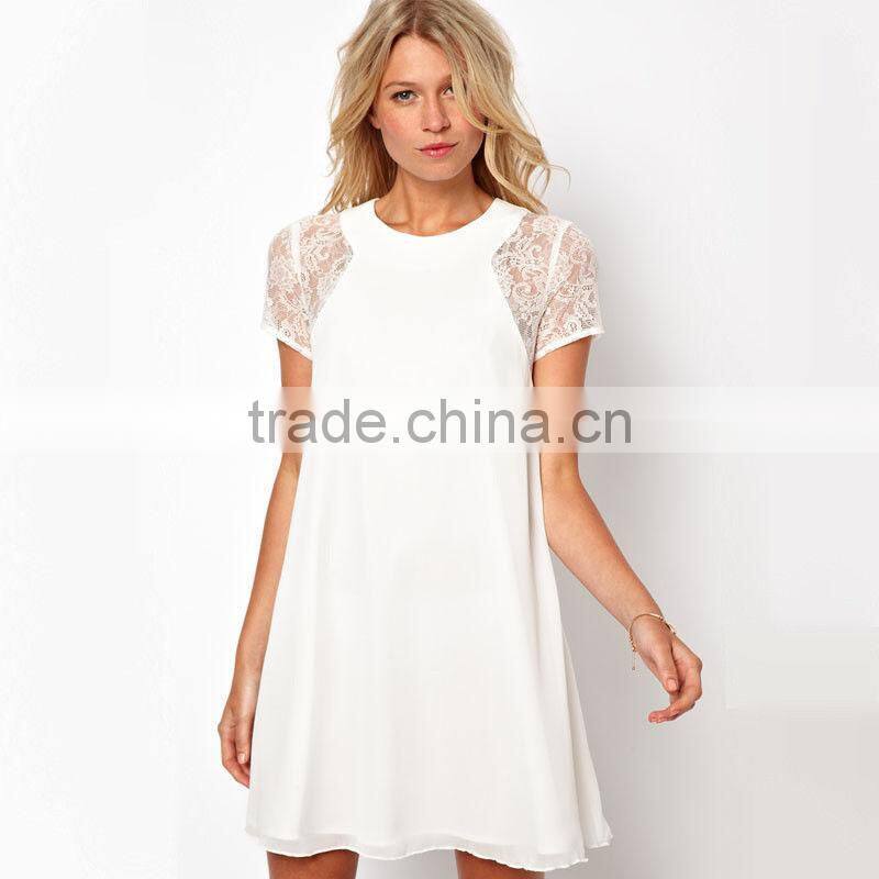 Latest net black/white lace knee length dress designs, korea summer fashion midi beach dress 2015