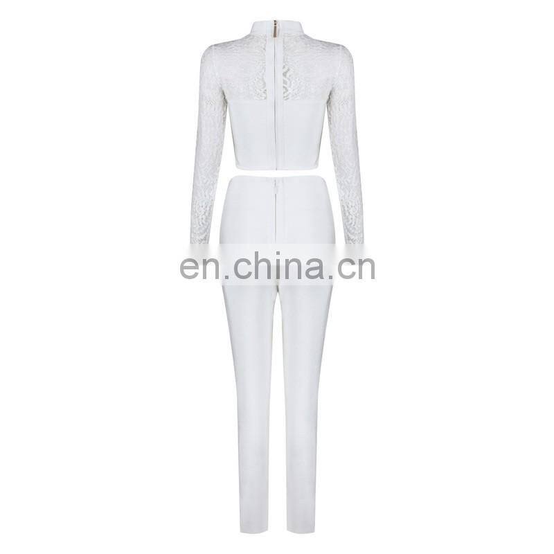 Amigo 2017 new design two piece sexy party wear bandage pants suit with long sleeve lace dew chest crop top and bodycon trouser