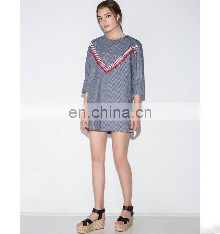 Manufacture wholesale clothing with grey grid check stripe long sleeve mini knit dress bureau
