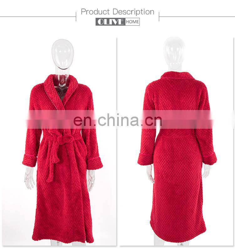 OLIVE Cheap Warm Super Soft Solid Jacquard Women Robe Microfiber Flannel Fleece Bathrobe