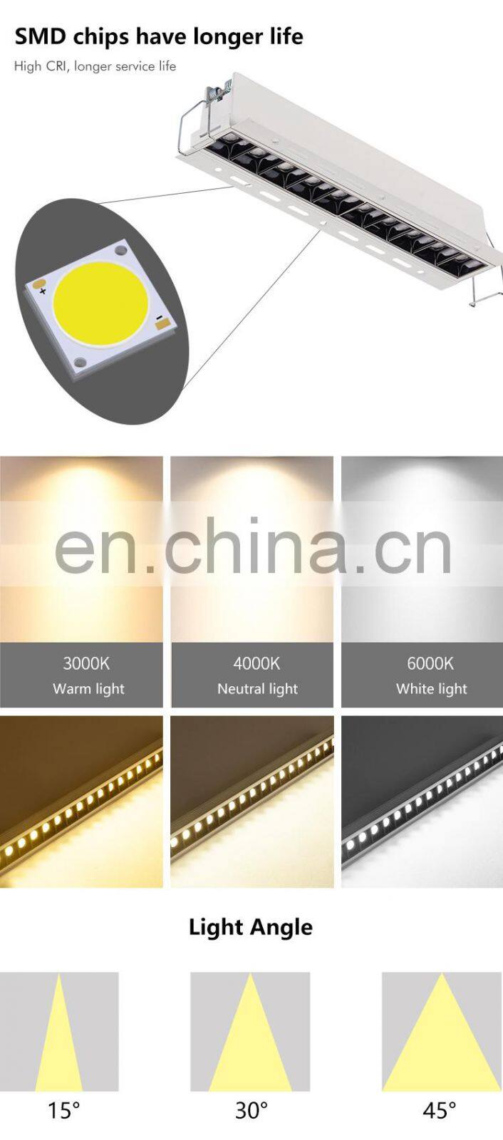 Easy Installation Strobe Free Indoor Office Home 2 4 10 20 30 W LED Recessed Linear Down Light