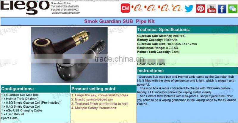 Unique Design Original 1900mah Smok Guardian SUB Pipe Kit with Fast Shipping