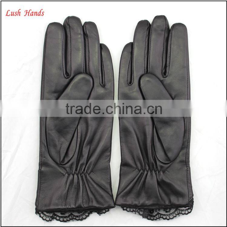 ladies wholesale winter leather hand gloves black with lace