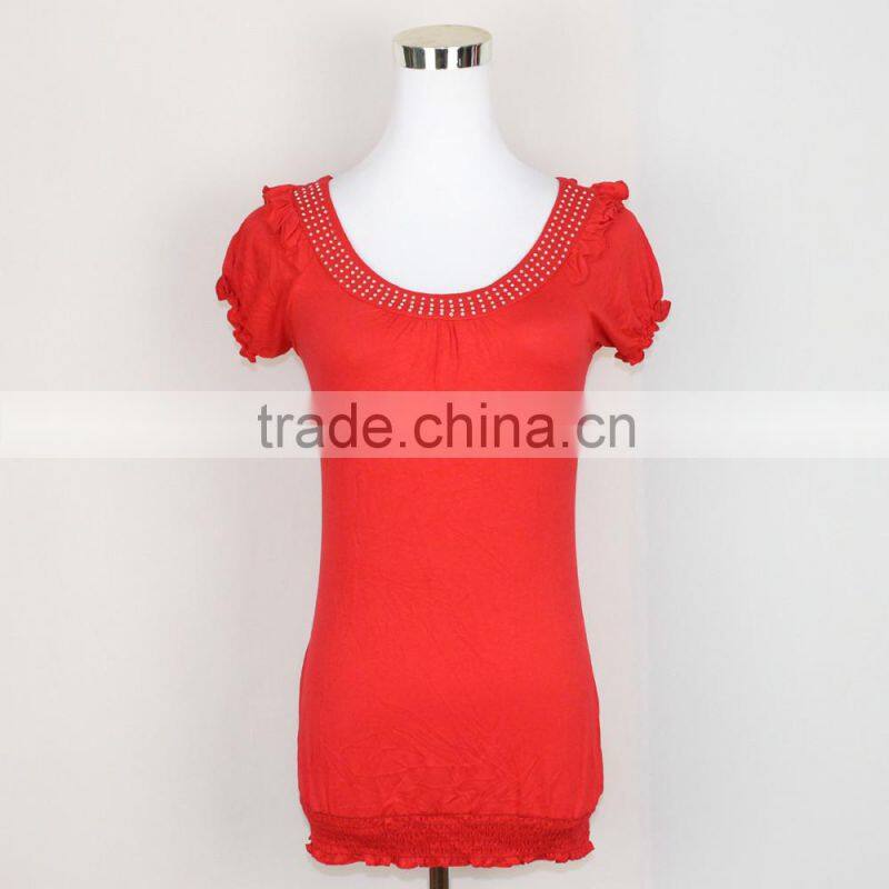 Stylish Lady Women Short Sleeve Rayon Loose Casual Plain Fancy Elegant Blouses For Lady