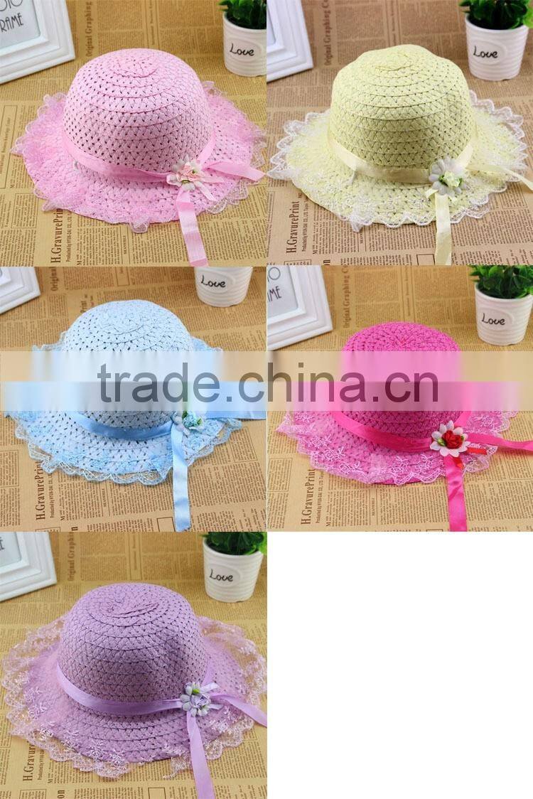 Cute Summer Child Girls Straw,Floppy Flower Beach Hat With Lace Embellishment