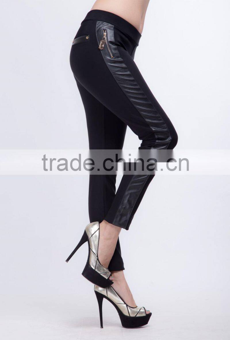 Ladies Side Spell Leather PU Zipper Leggings With Two Pocket Back