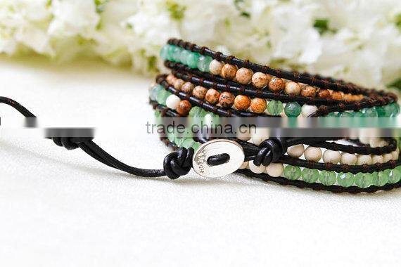 Gold plated Stripe Leather Bracelet with colorful beads
