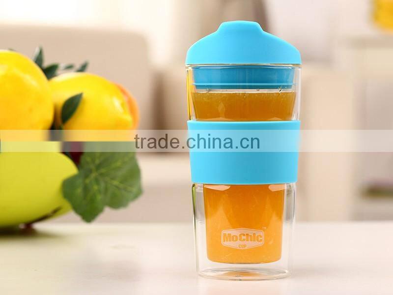 400ML Mochic crystal anti-slip silicone smart flat glass water bottle