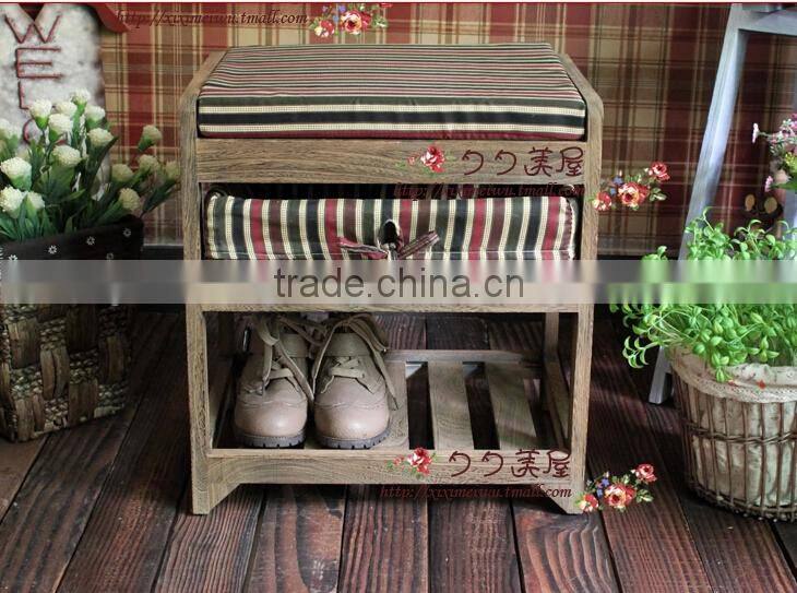 Modern rural style top grade wood footstool with weaving baskets