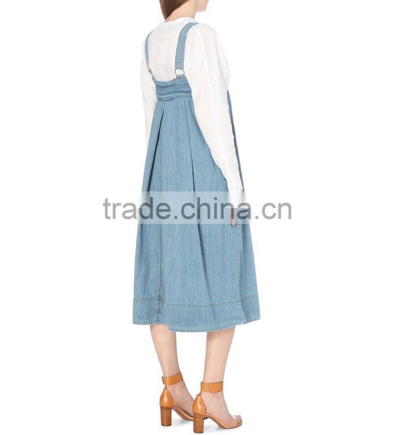 Square neck sleeveless box pleat detailing silver-toned hardware contrast stitching flared hemline women Denim Dress