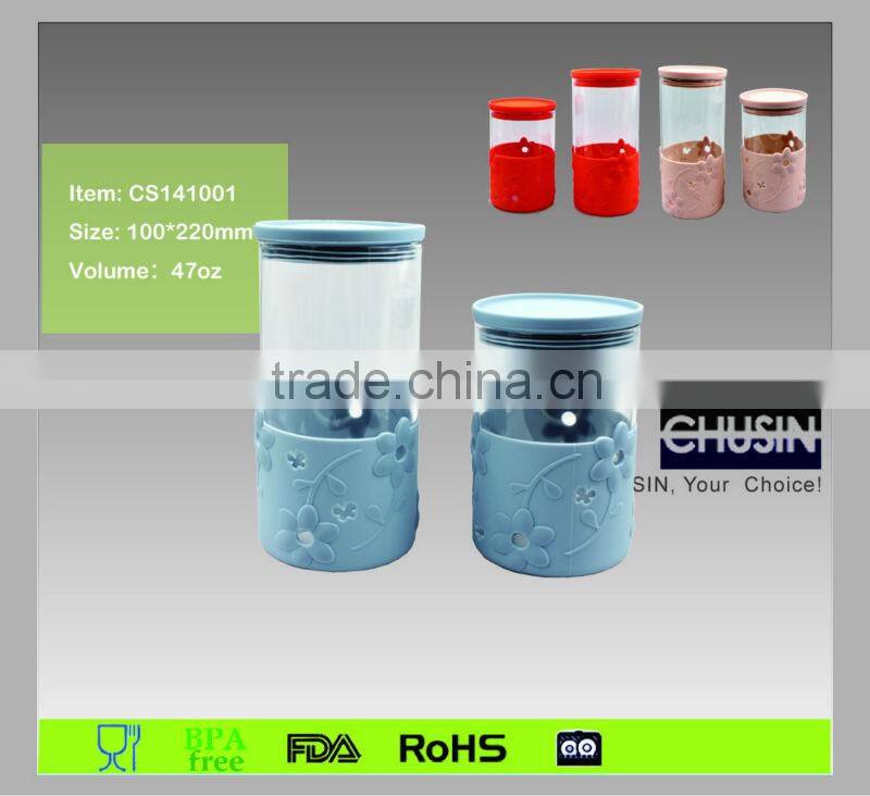 FANCY style pyrex glass jar with silicone sleeve and lid wholesale