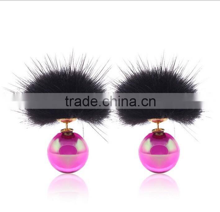 2016 top quality fashion fur women earings set brand acrylic round shaped double earings factory price