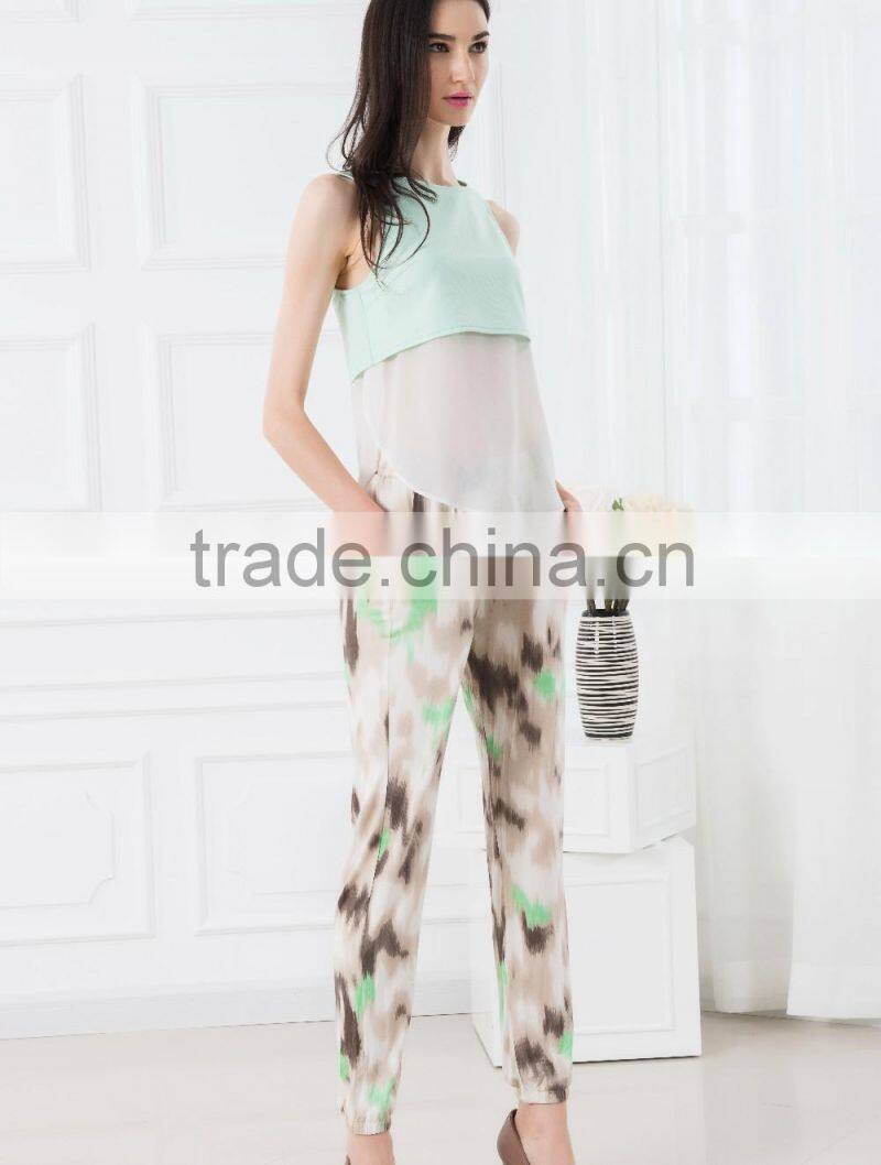 NEW ARRIVAL summer tank top 2016 green and white see through shirt for woman chiffon fabric cheap price