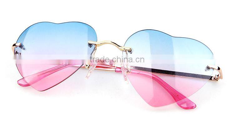 Progressive Dual Colors Rimless Women Metal Heart Shaped Sunglasses