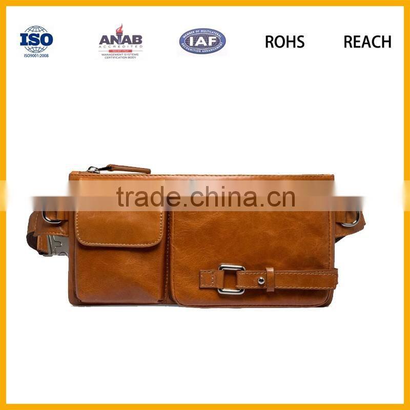 Factory Promotional Multilayer PU Brown Waist Bag with Mobile Phone Compartment for Outdoor and Sports
