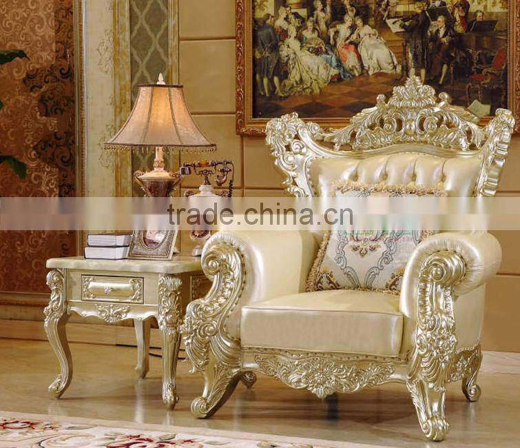 Graceful new classic living room sofa solid wood carving champagne goldfoil genuine leather sofa set