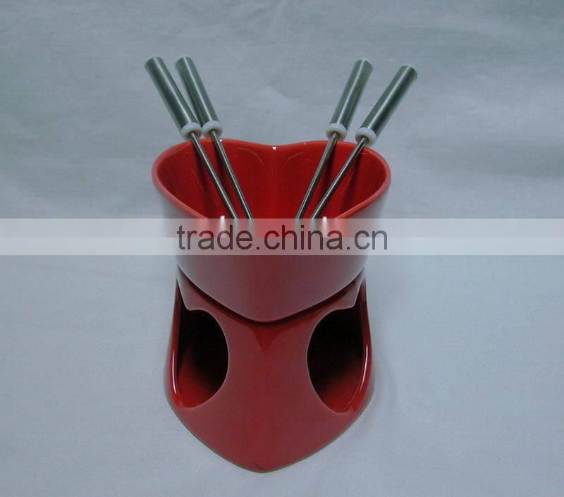 Jumbo Spoon Ceramic Fondue Sets, Chocolate Decaled bowl with Holder