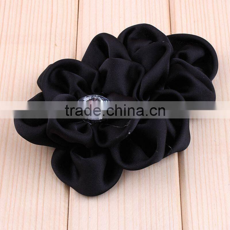 handmade satin fabric flower with rhinestone center for kids hair accessories