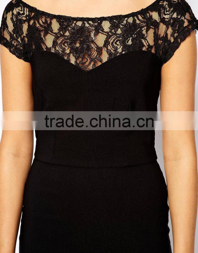 sexy ladies lace yoke cap sleeve evening dress slim black lace party dress