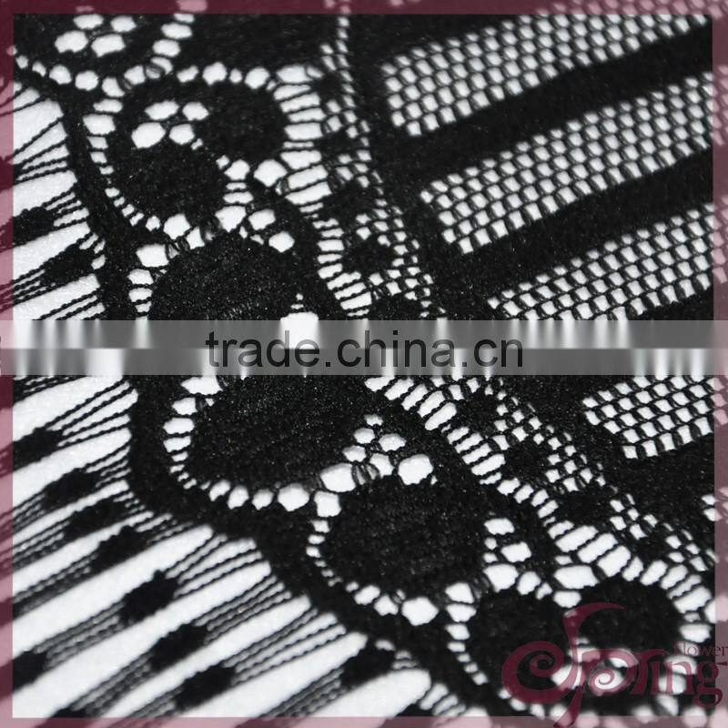 Black roset tricot fabric lace with tassel fringe, fashion swiss lace for dress