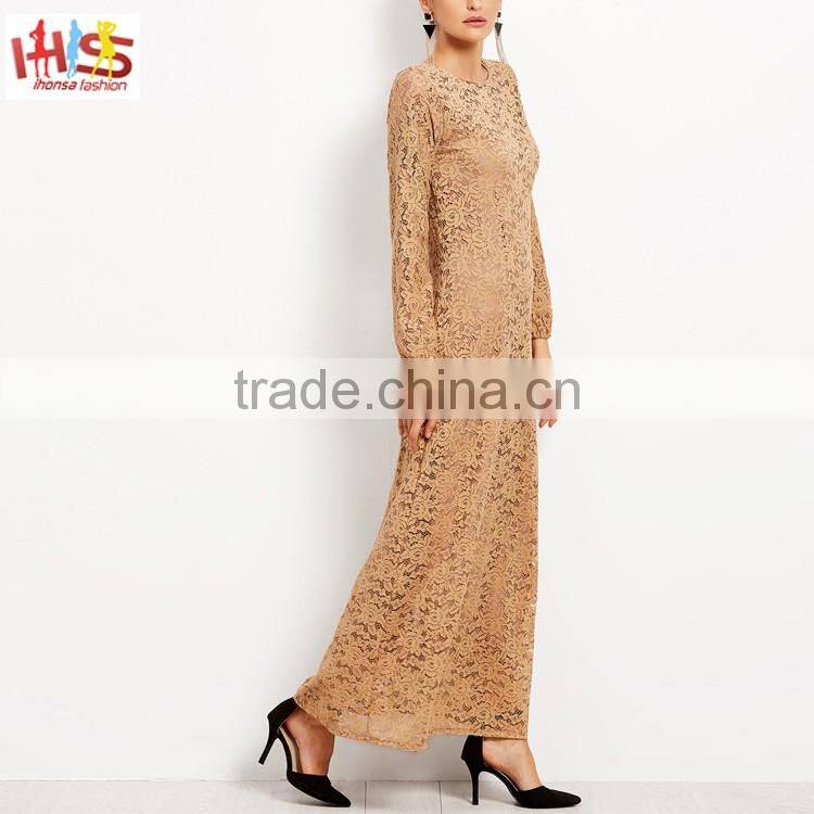 Muslim Lace Overlay Long Sleeve Islamic Kaftan Abaya Maxi Dress New Model Abaya in Dubai HST7733