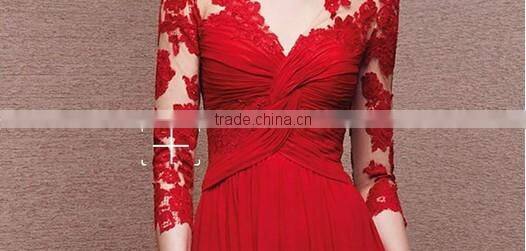 sexy deep v neck hollow lace evening red long sleeve prom dress