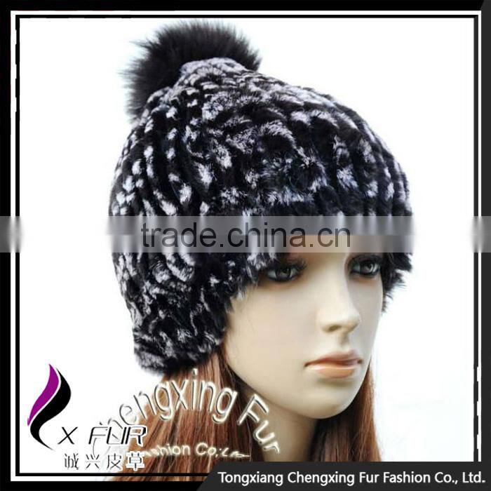 CX-C-58E Girls Fashion Wholesale Rex Rabbit Knitted Fur Hats Caps With Fur Ball