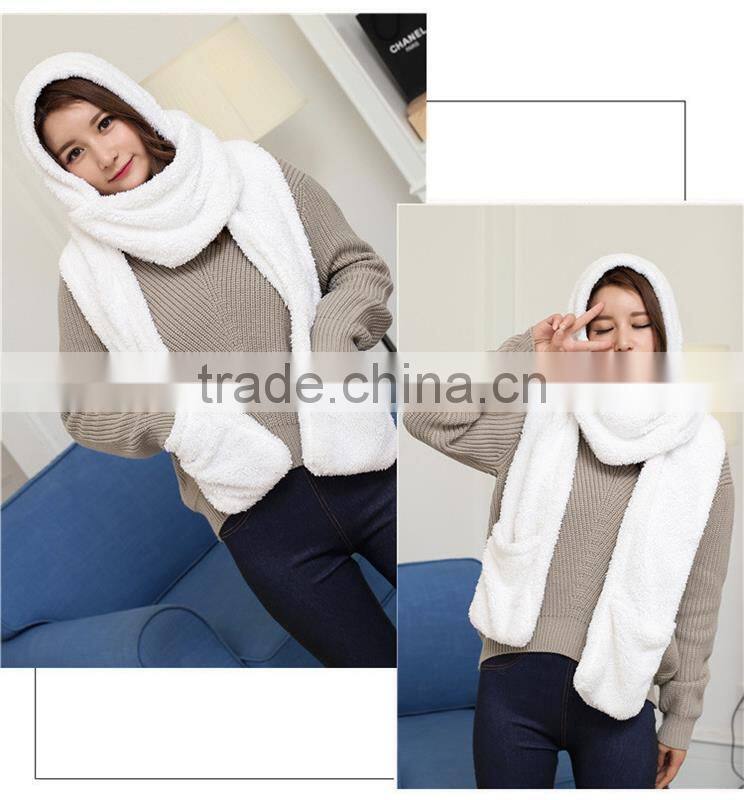2016 Hot Fashion New Women Winter Warm Soft Plush Faux Fur Hooded Cap Hat Scarves Hood Pocket Gloves Scarf 4 Color