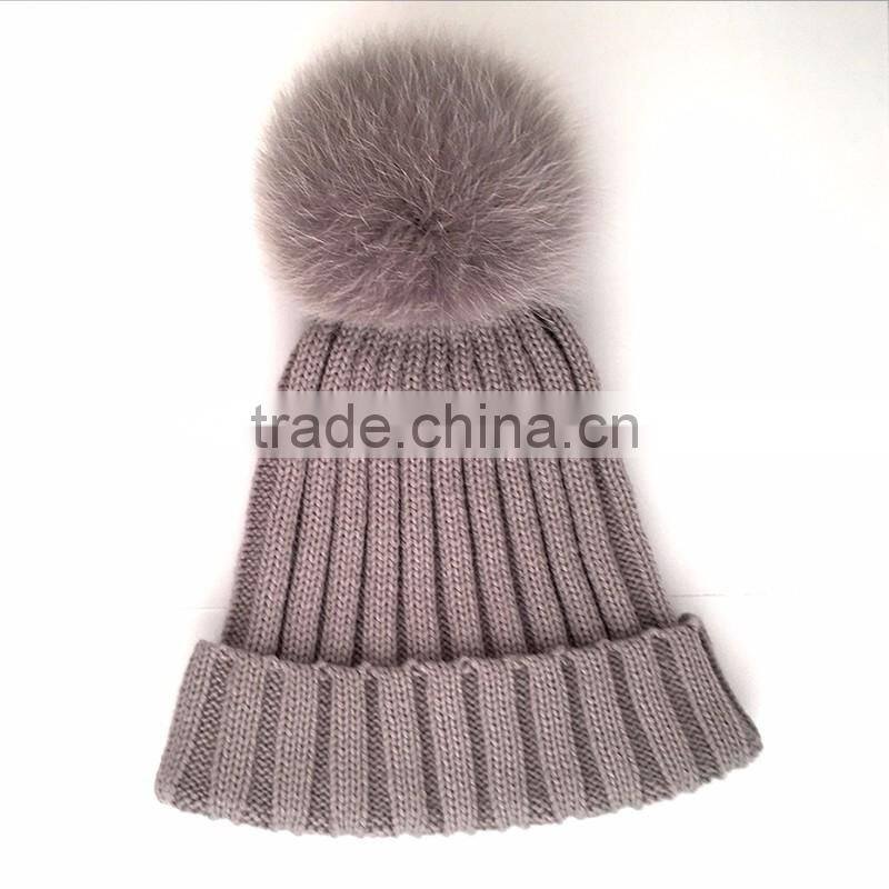 Myfur Wholesale Women Wool Beanie with Genuine Fox Body Fur Bobble