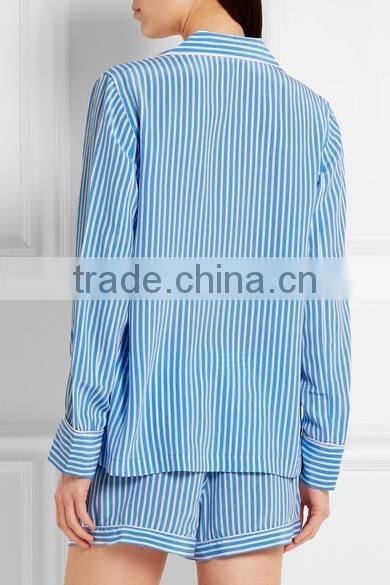 Navy blue custom stripe women high quality 100% silk sleep wear