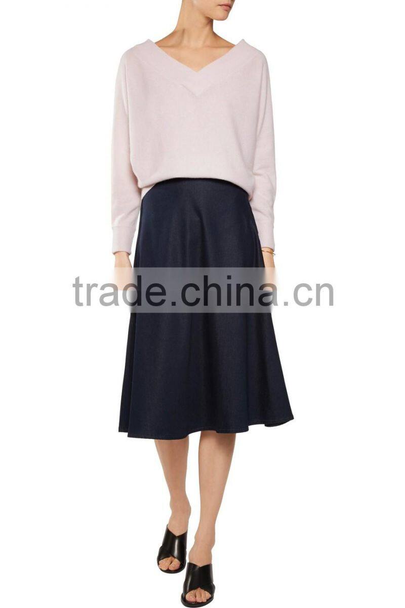 High Quality 100% Cashmere Ladies Slips On V-Neck Sweater with Ribbed Trims