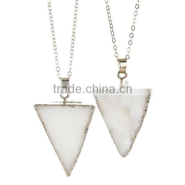 New Fashion Natural Quartz Crystal Druzy /Drusy Necklace Link Cable Chain Gold Plated White Triangle Pendant 52cm long