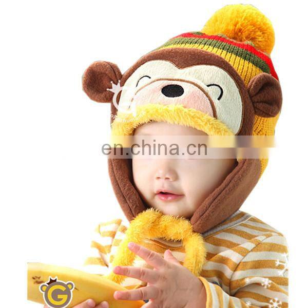Cheap cute plush monkey kids animal winter crochet baby hat custom warm soft baby girl hat