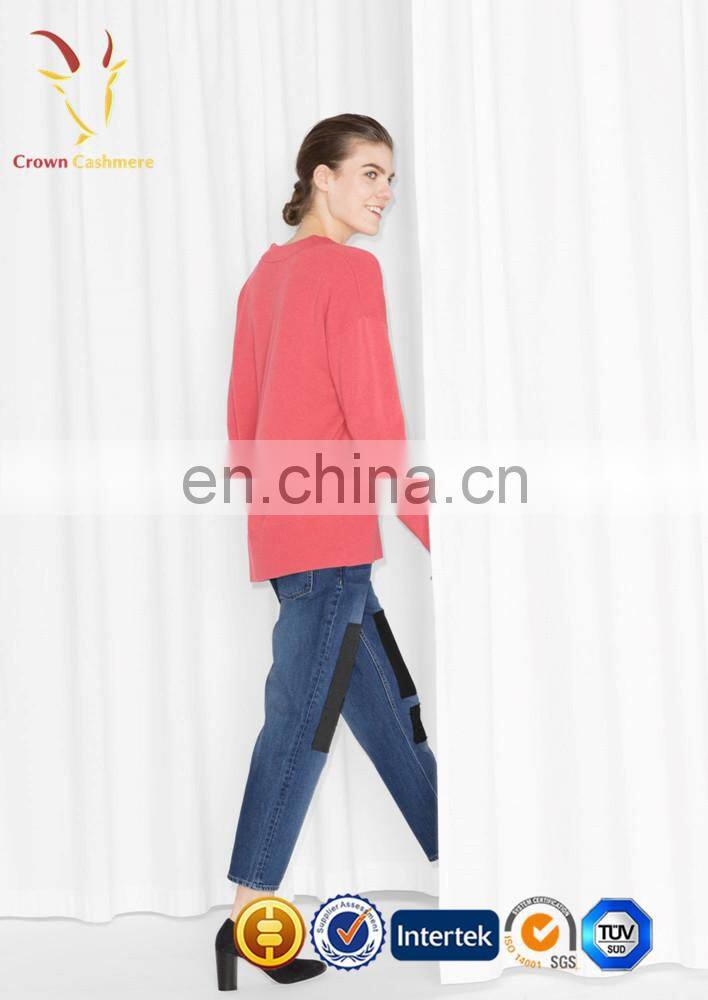 Ladies Sexy Deep V Neck Cashmere Pullover Pink Sweater