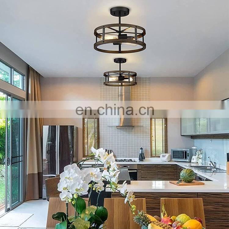 Farmhouse Flush Mount Ceiling Lighting Metal Cage Ceiling Light Close to Ceiling Lighting Wood and Matte Black Finish