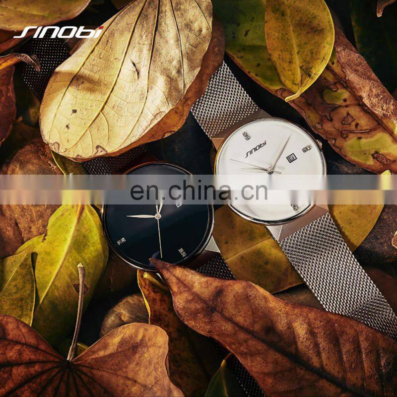 SINOBI Men's Watch Luxury Calendar Date Display Dazzling Diamond Index Dial Steel Milanese Mesh Band S9685G Relogio Masculino