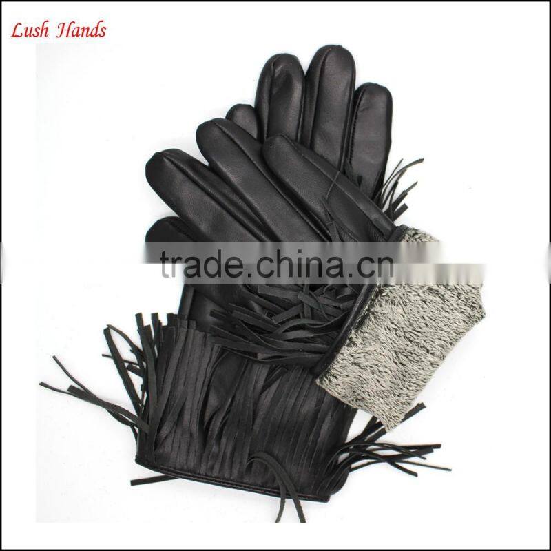 Fashion index finger touch screen black tassels leather gloves women
