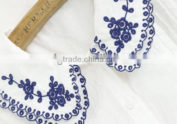 ladies cotton white shirt embroidery two layer collar short sleeve blouse