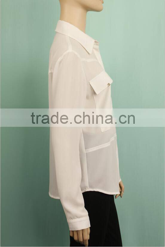 2016 new pattern plain white color hemp material long sleeve latest formal blouse