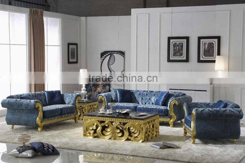 hand carved new classic gloden foil livingroom furniture fabric sofa sets AL187