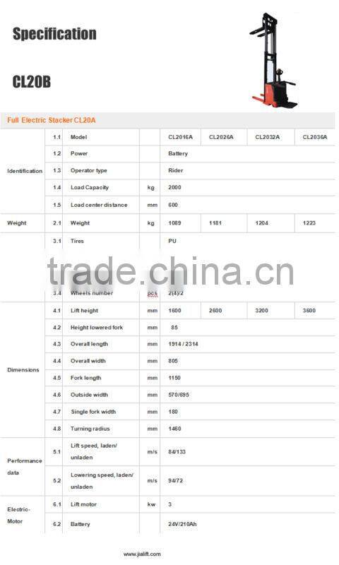 2000kg double oil cylinder electric stacker