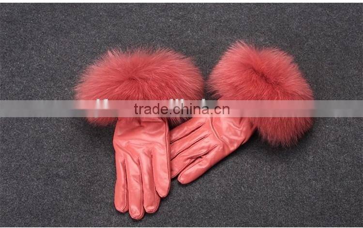 Winter Ladies Sheep Leather Gloves With Beige Fox Fur Cuff