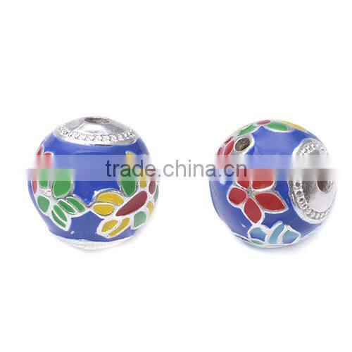 200pcs Blue flower Enameled Brass Beads round ethnic jewelry necklace and bracelet handmade beads 12.8*12.7mm