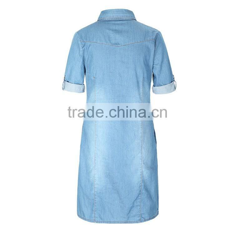 2016 Summer Fashion Ladies Snap Buttons Closure Denim Shirt Rolled Half Sleeve Slim Fit Casual Shirts For Women